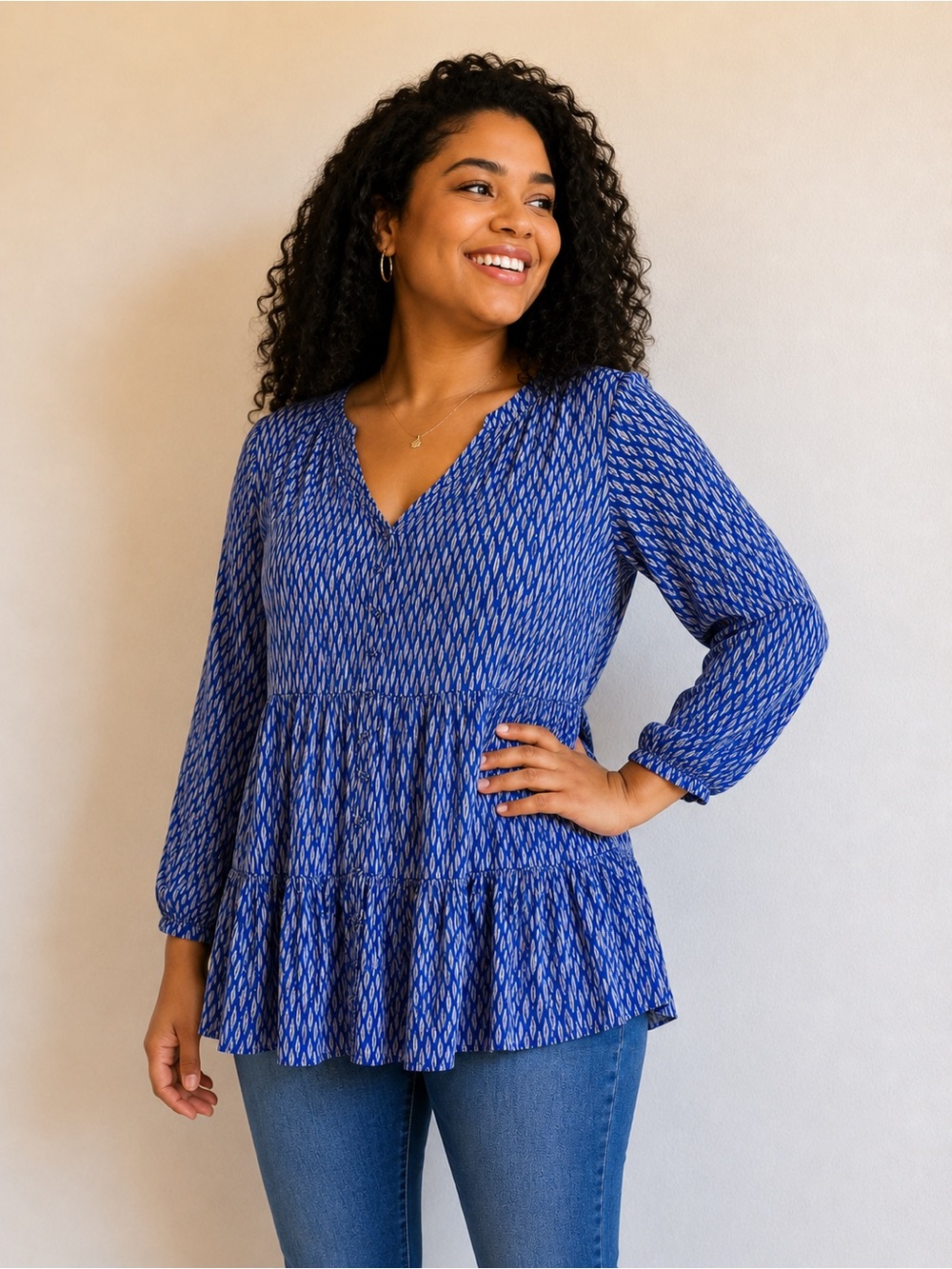 Maeve Anthropologie Blue Printed V-Neck Tiered Peplum Tunic